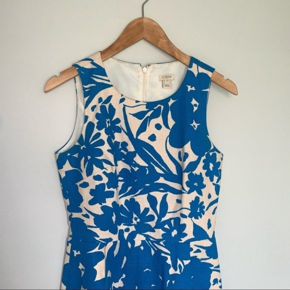 J. Crew Floral Printed Pleated Shift Dress Cotton Blue Beige Women’s Size 0 US - Picture 4 of 11